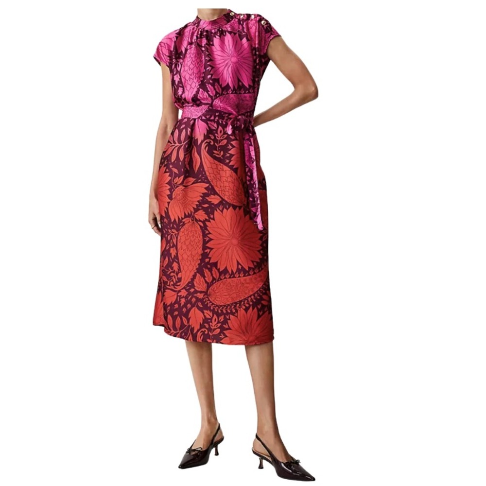 Ann Taylor Floral Paisley Midi Dress Pink L Tall Gold Button Shoulder NWT